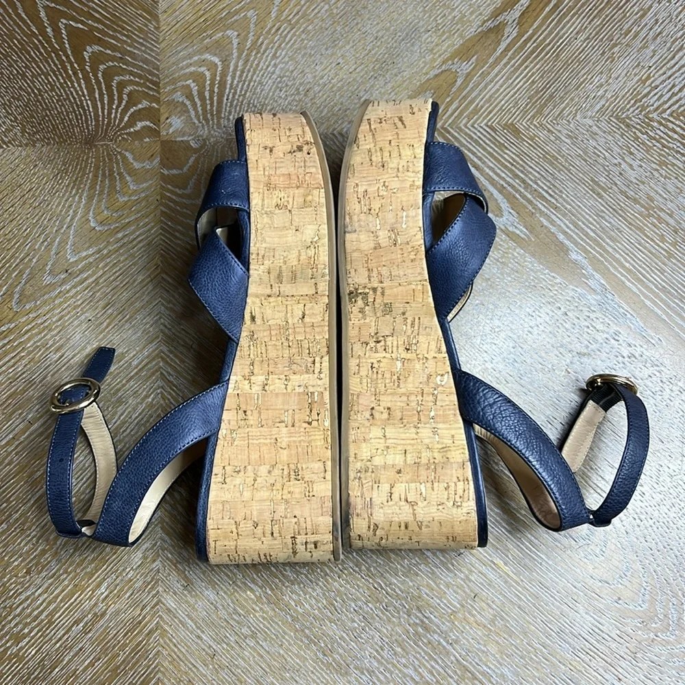 M. GEMI Women's The Linee Blue Leather Platform Cork Wedge Sandals 37